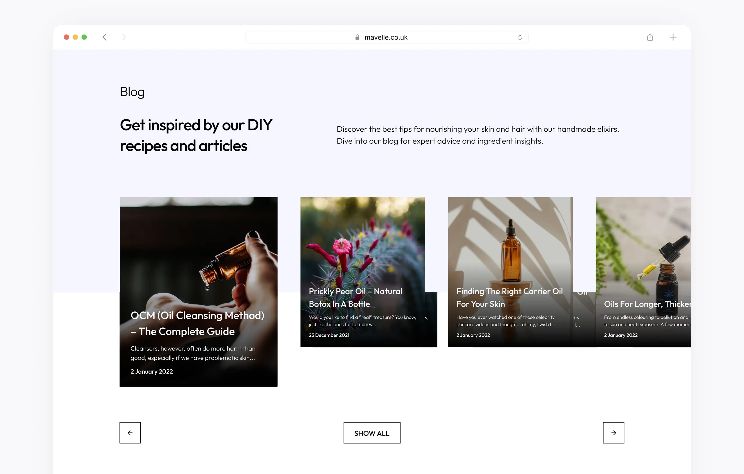 Blog section of the homepage with a row of article cards