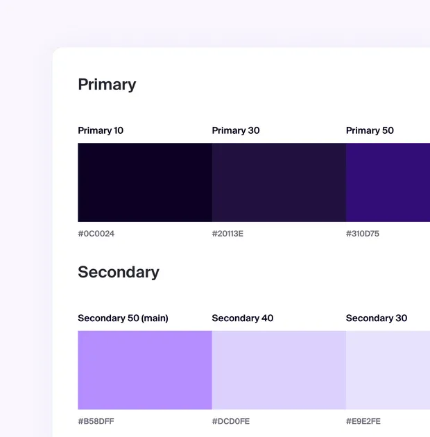 Primary and secondary colour palette with hex values
