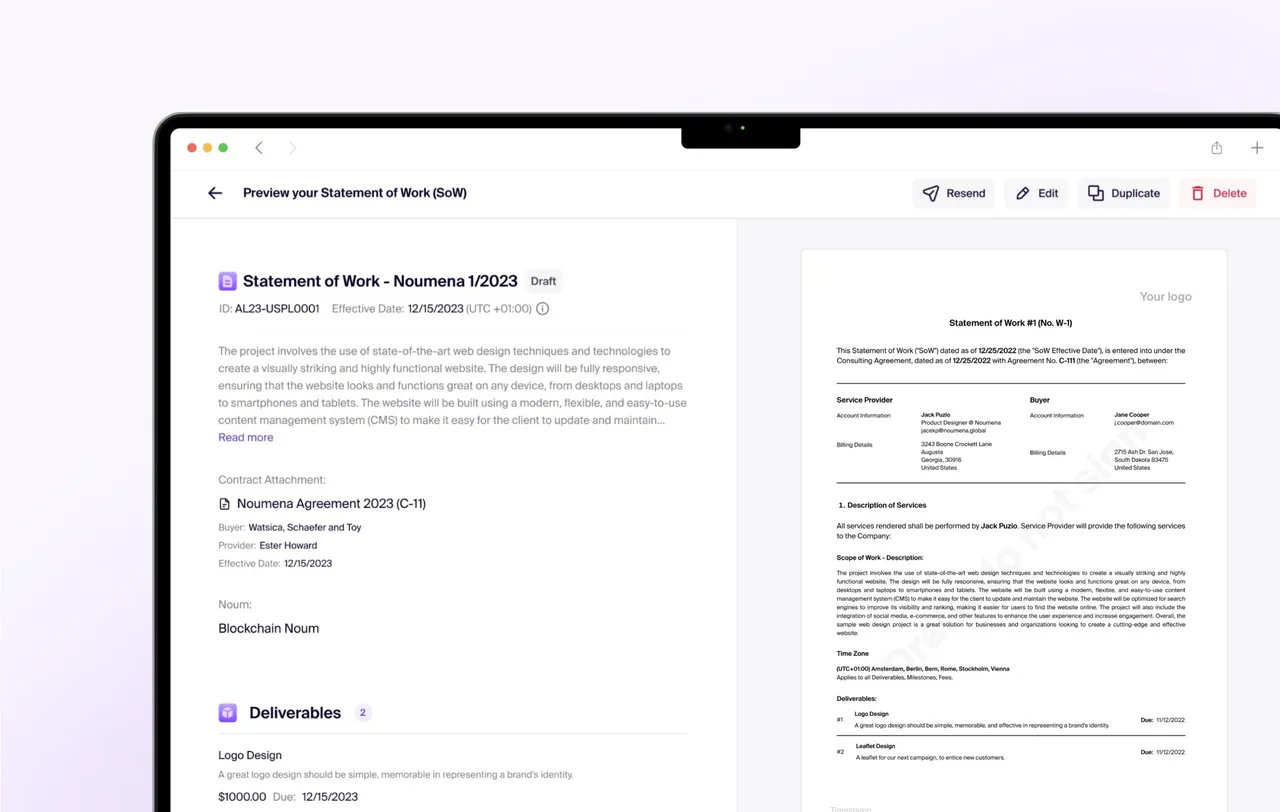Statement of work preview next to the generated contract document