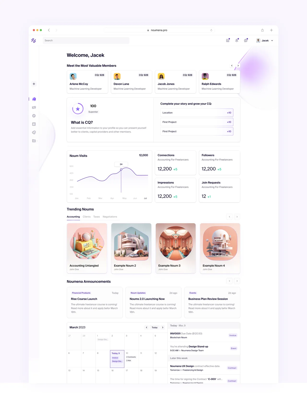 Full Noumena home dashboard with members, statistics, trending Noums, announcements and a calendar