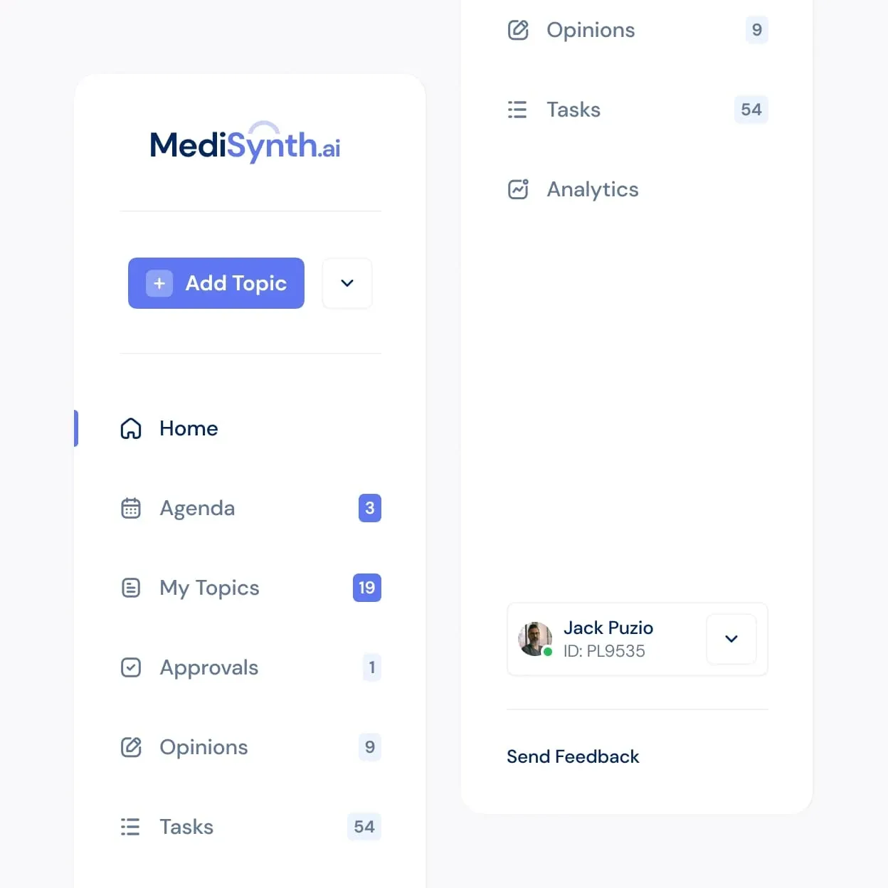 Sidebar navigation of the app: Add Topic button, menu items with counters and the user profile switcher