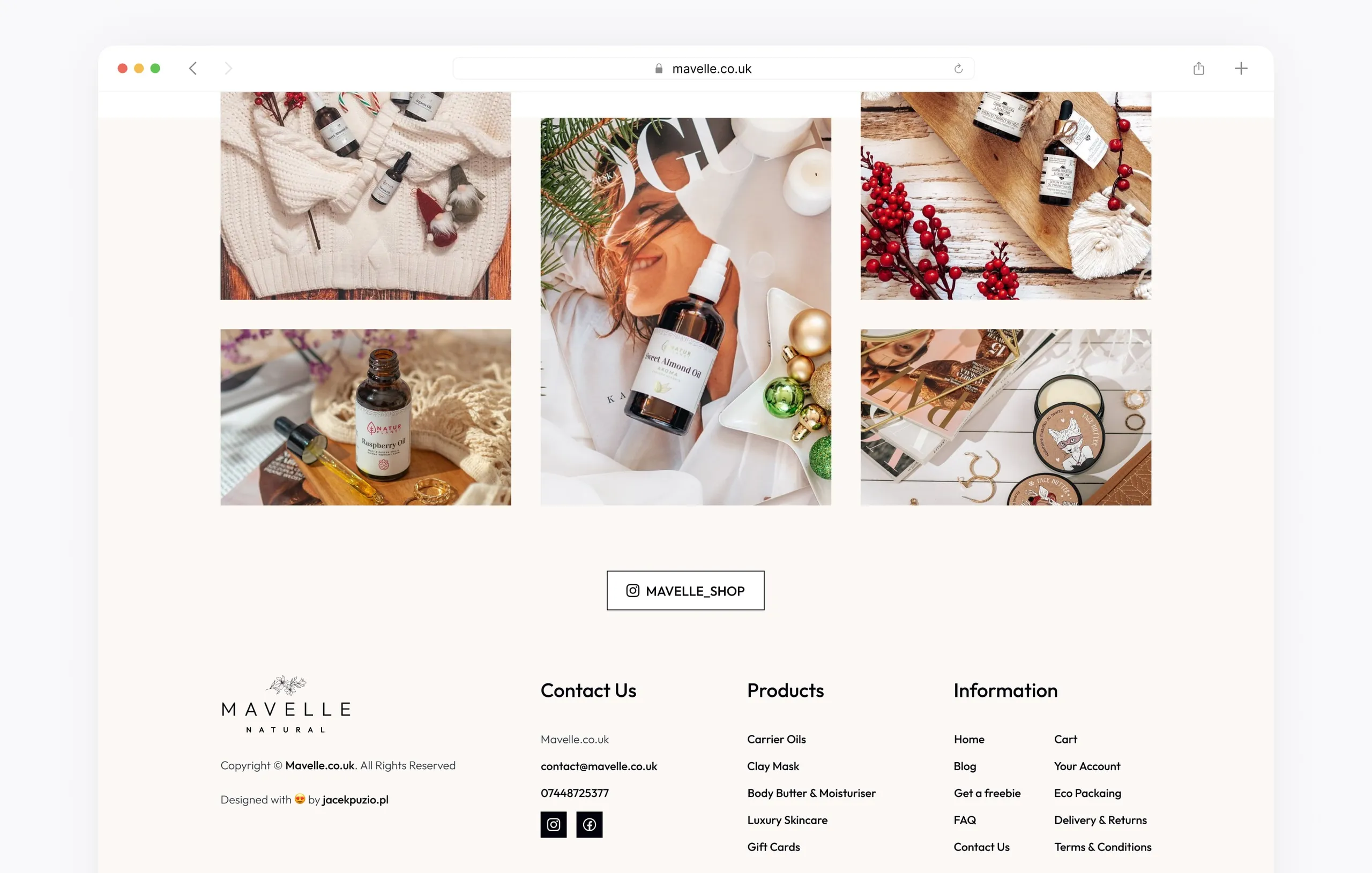 Instagram photo grid and the shop footer with contact, product and information links