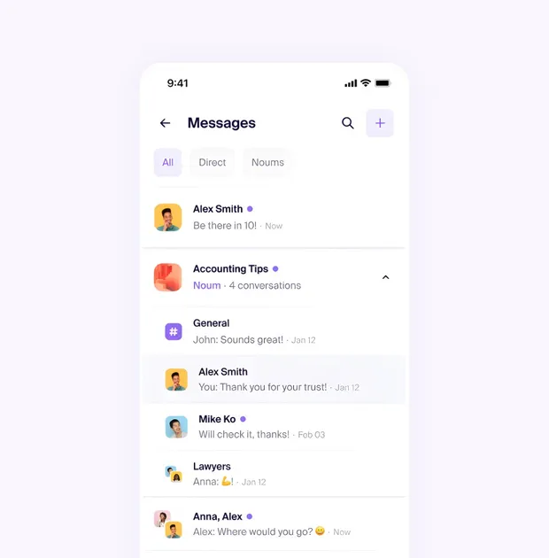 Mobile messages list with direct and Noum conversations