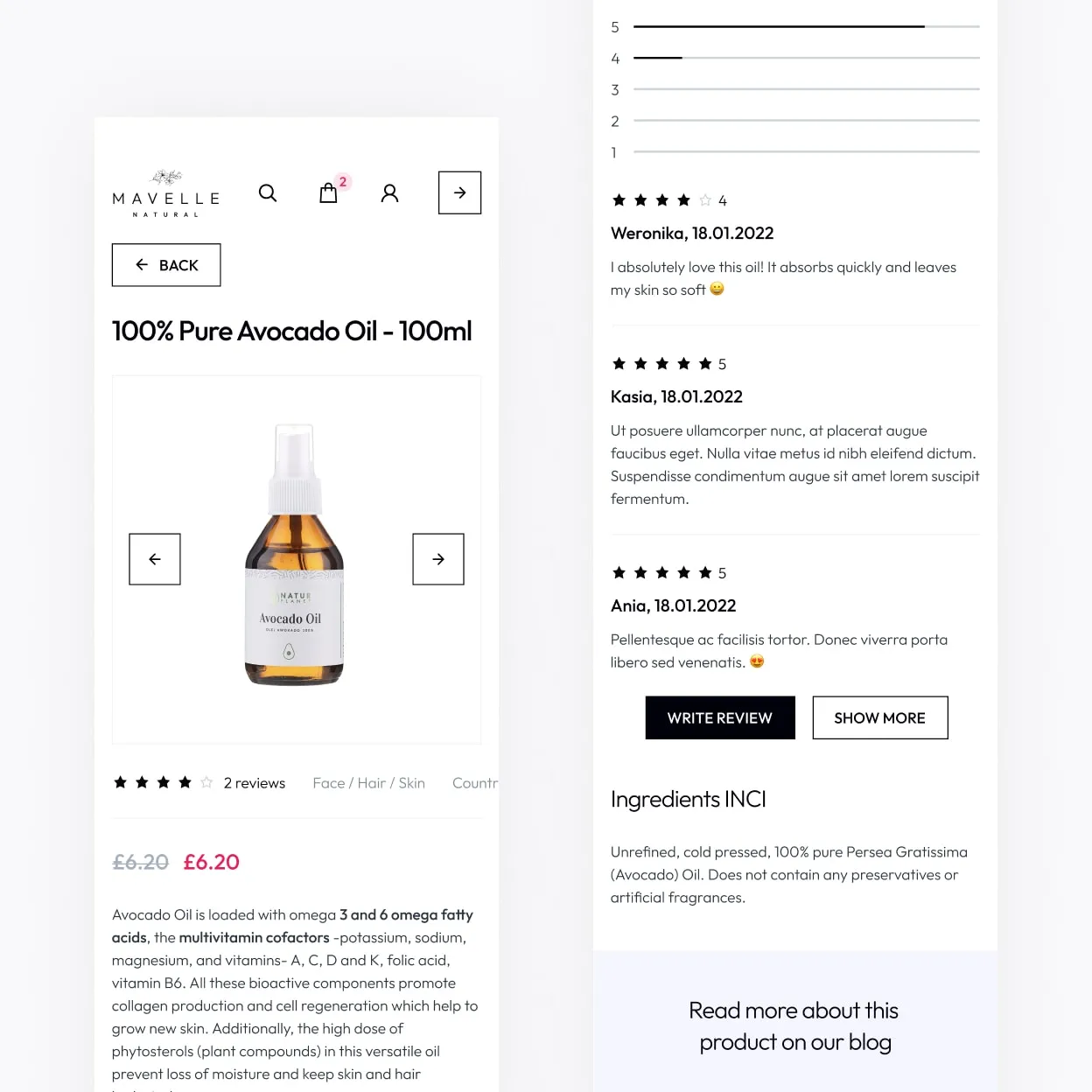 Mobile product page next to its reviews and ingredients section