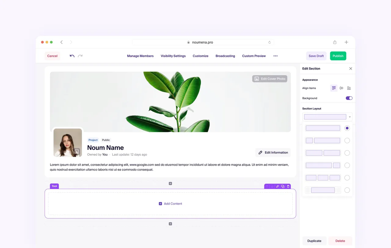 Noum editor with a cover photo, section layout options and an add content area