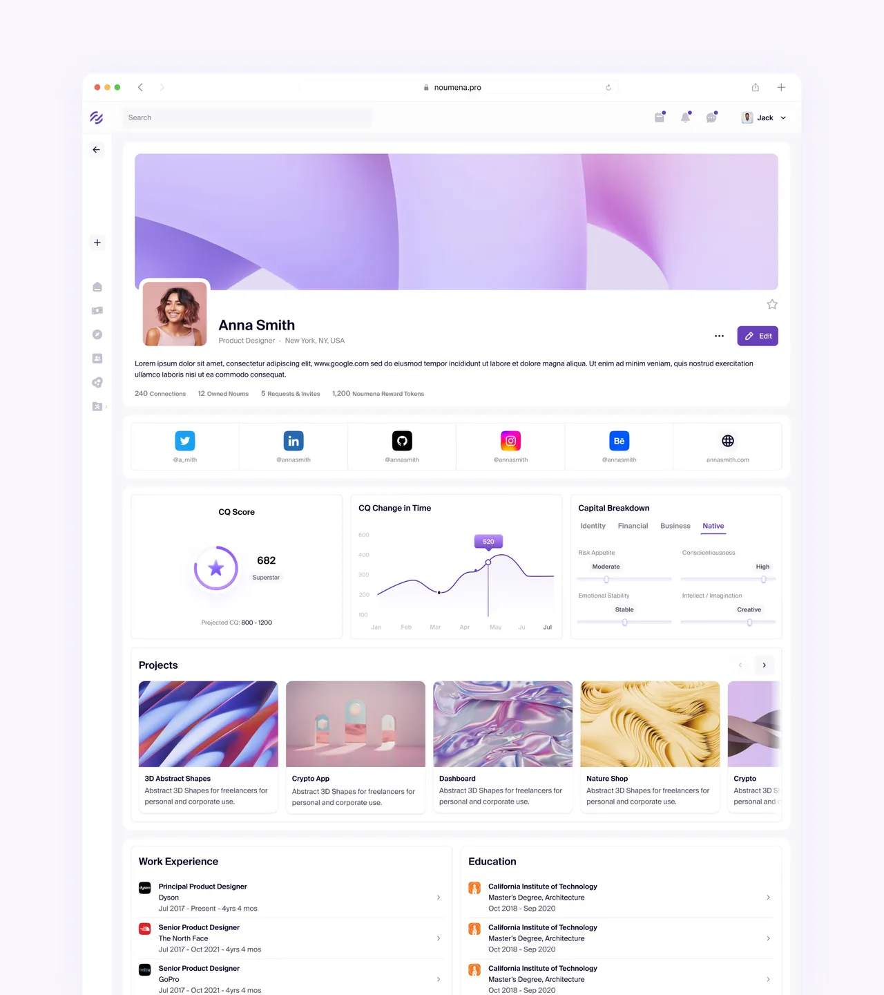 Full Noum profile page with social links, score charts, projects, work experience and education