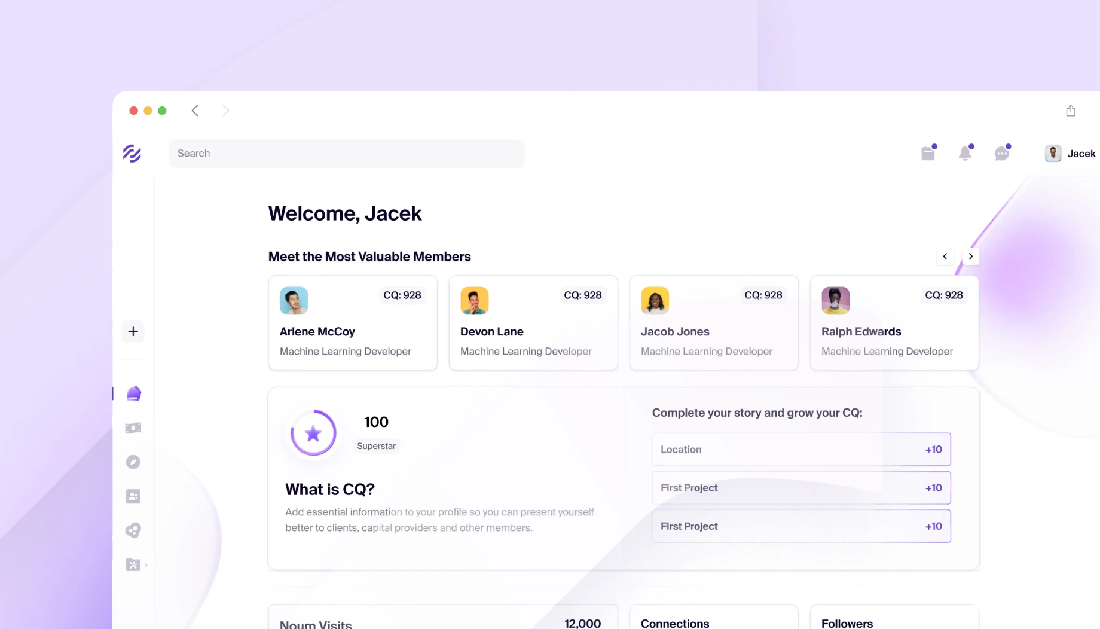 Noumena web app dashboard with member cards and profile score