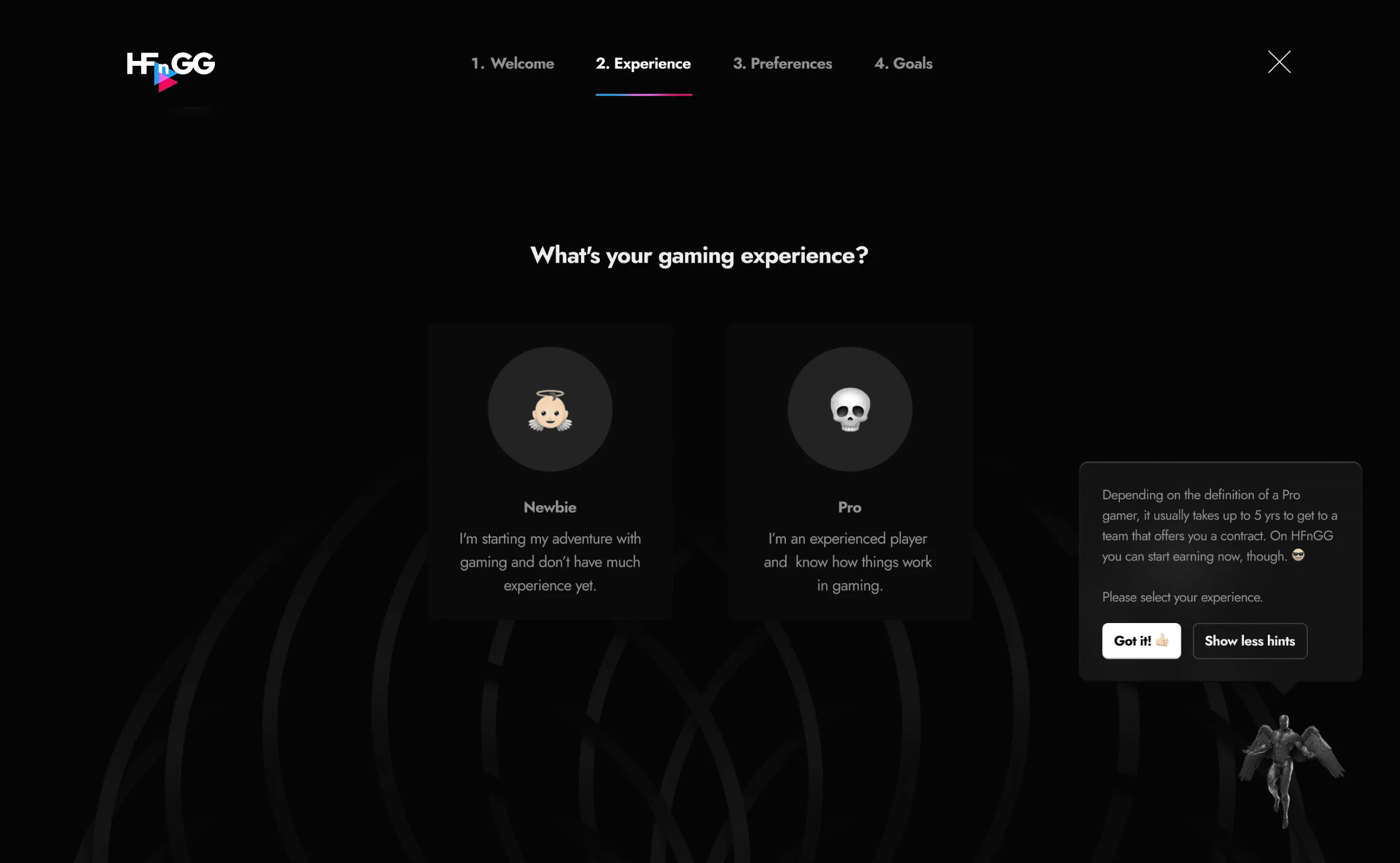 Onboarding step 2: choosing gaming experience, Newbie or Pro
