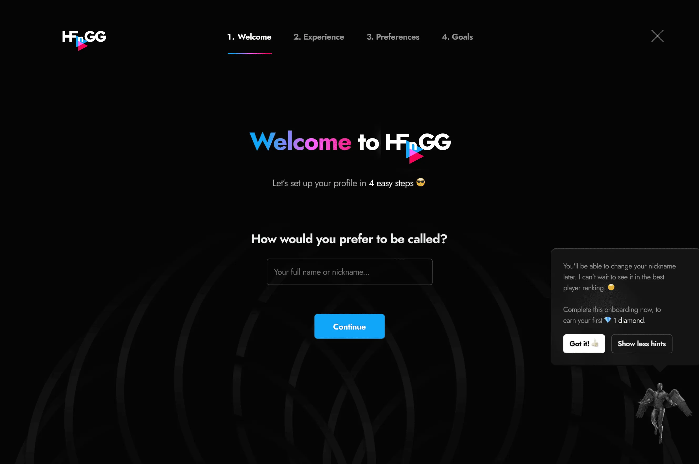 Onboarding step 1: welcome screen asking for a nickname