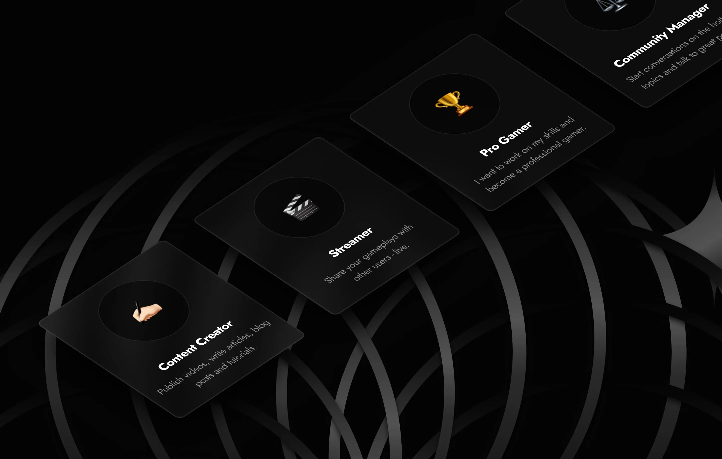 Isometric role cards: Content Creator, Streamer, Pro Gamer and Community Manager