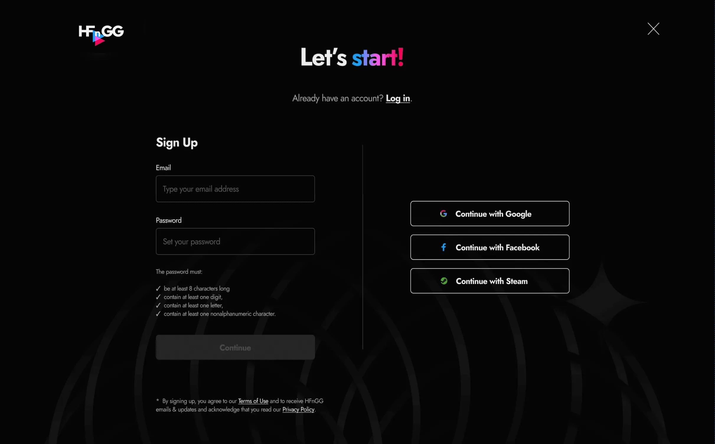 Sign-up screen with an email form and social login buttons