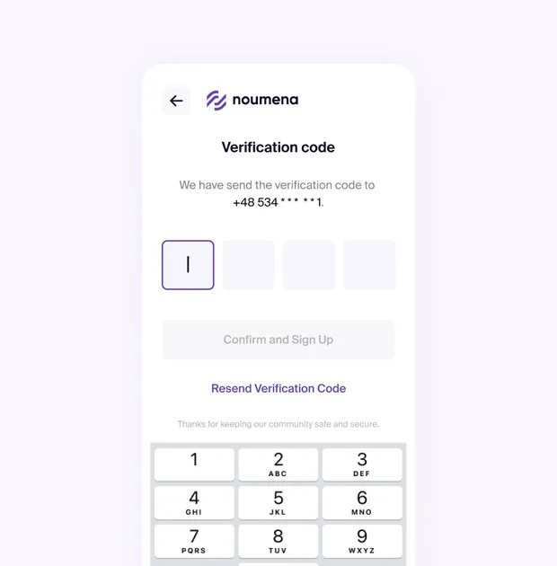 Mobile sign-up screen asking for a verification code