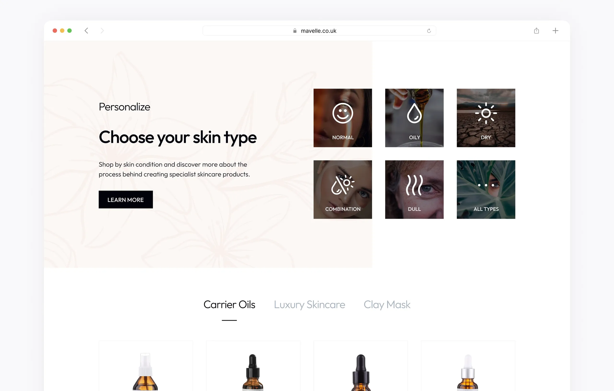 Product filter: choose your skin type from six tiles, with product category tabs below