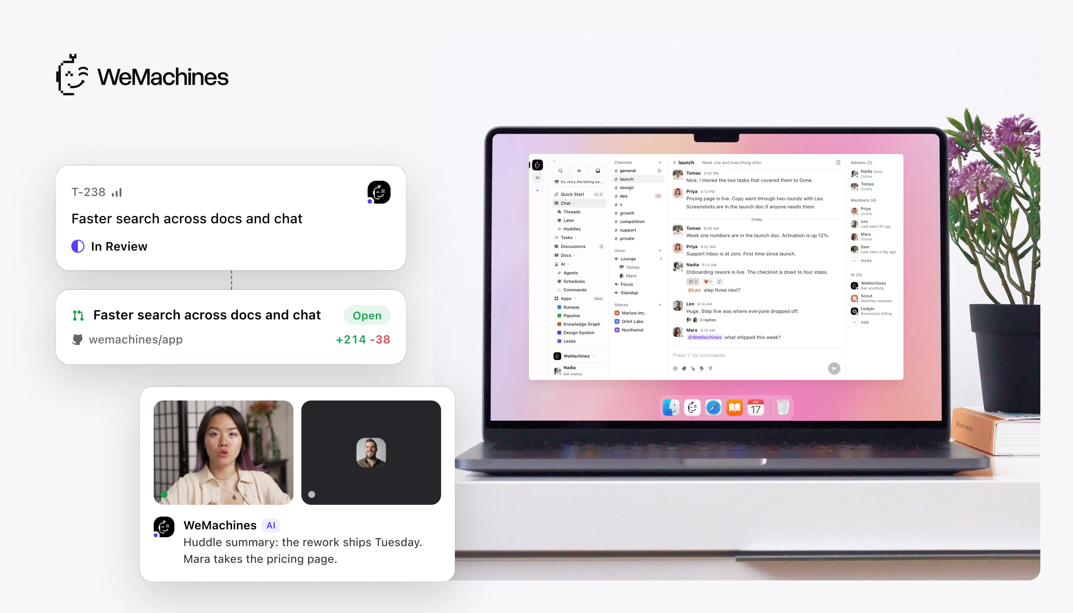 WeMachines logo above a task that became a pull request and an AI summary of a voice huddle, next to a laptop running the WeMachines app